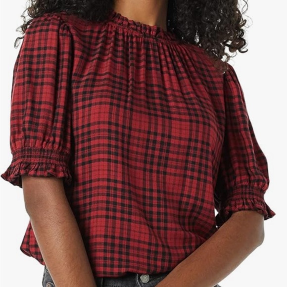 Red ruffle plaid blouse womens xs holiday work - Picture 1 of 5